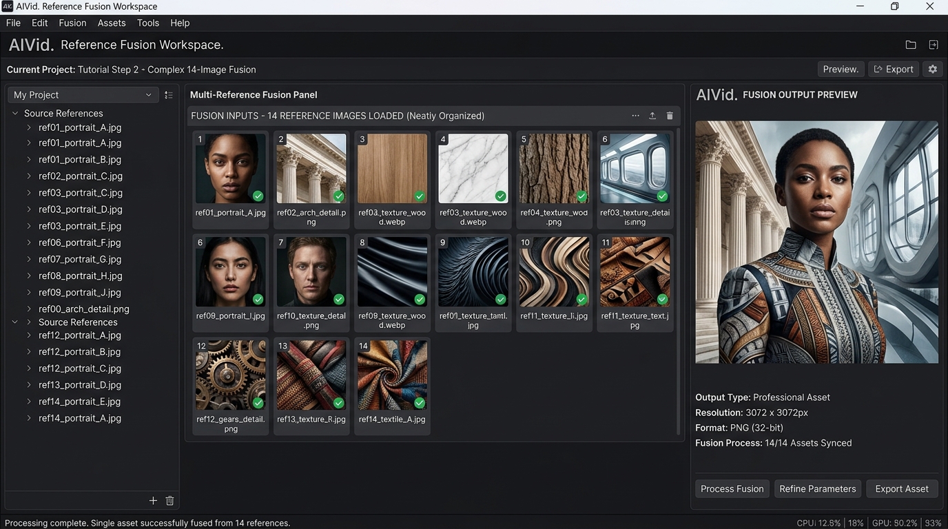 AIVid. interface showcasing the 14-image multi-reference fusion workflow