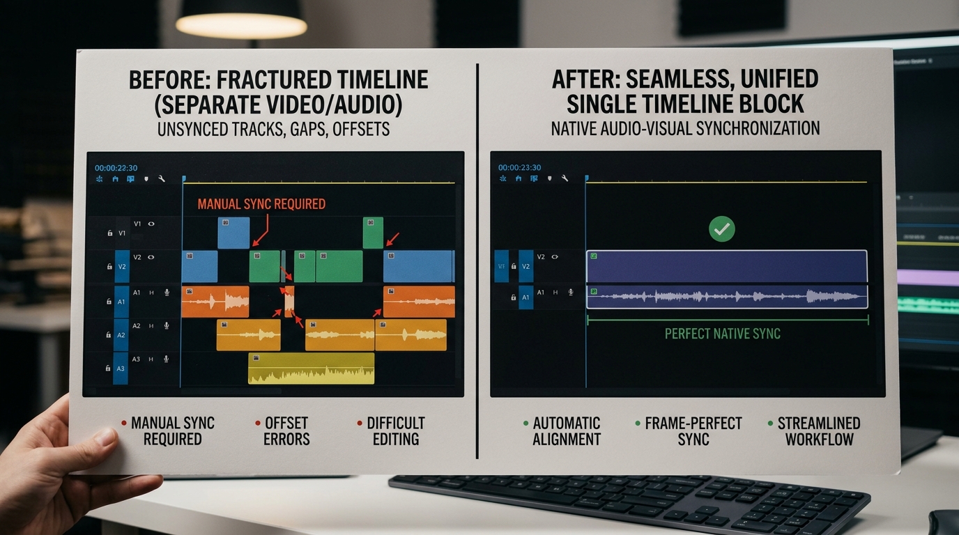 Comparison of traditional multi-track audio patching versus unified simultaneous generation. Rationale: Placing this visual directly after the GEO definition clarifies the abstract concept of native synchronization by contrasting it against the familiar, outdated timeline method.