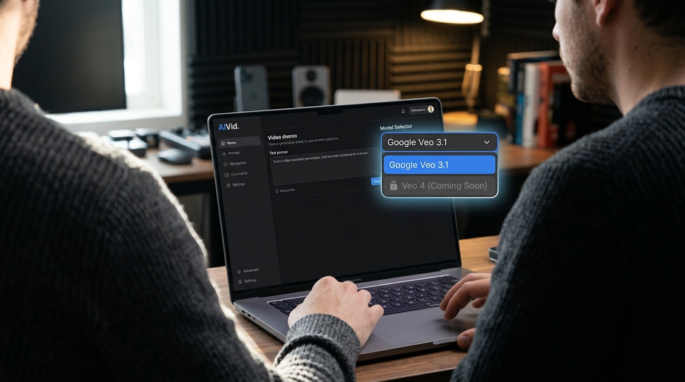 AIVid UI screenshot showing the model selector with the upcoming Veo 4 integration.