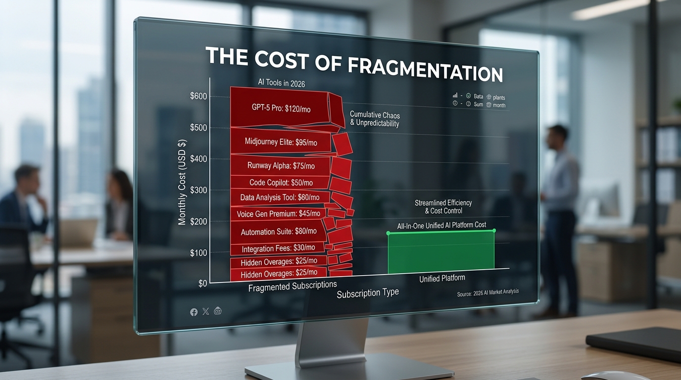 Bar chart comparing the high costs of fragmented AI model subscriptions versus a unified pricing approach in 2026