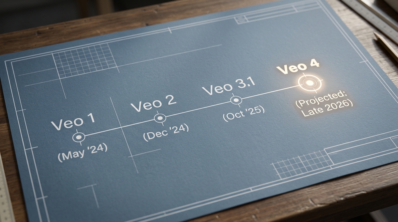 Historical timeline blueprint plotting Google Veo release dates leading to late 2026.