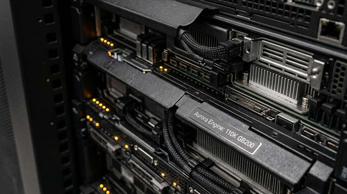 Macro shot of the 110,000 NVIDIA GB200 GPU server infrastructure powering the xAI Aurora engine.