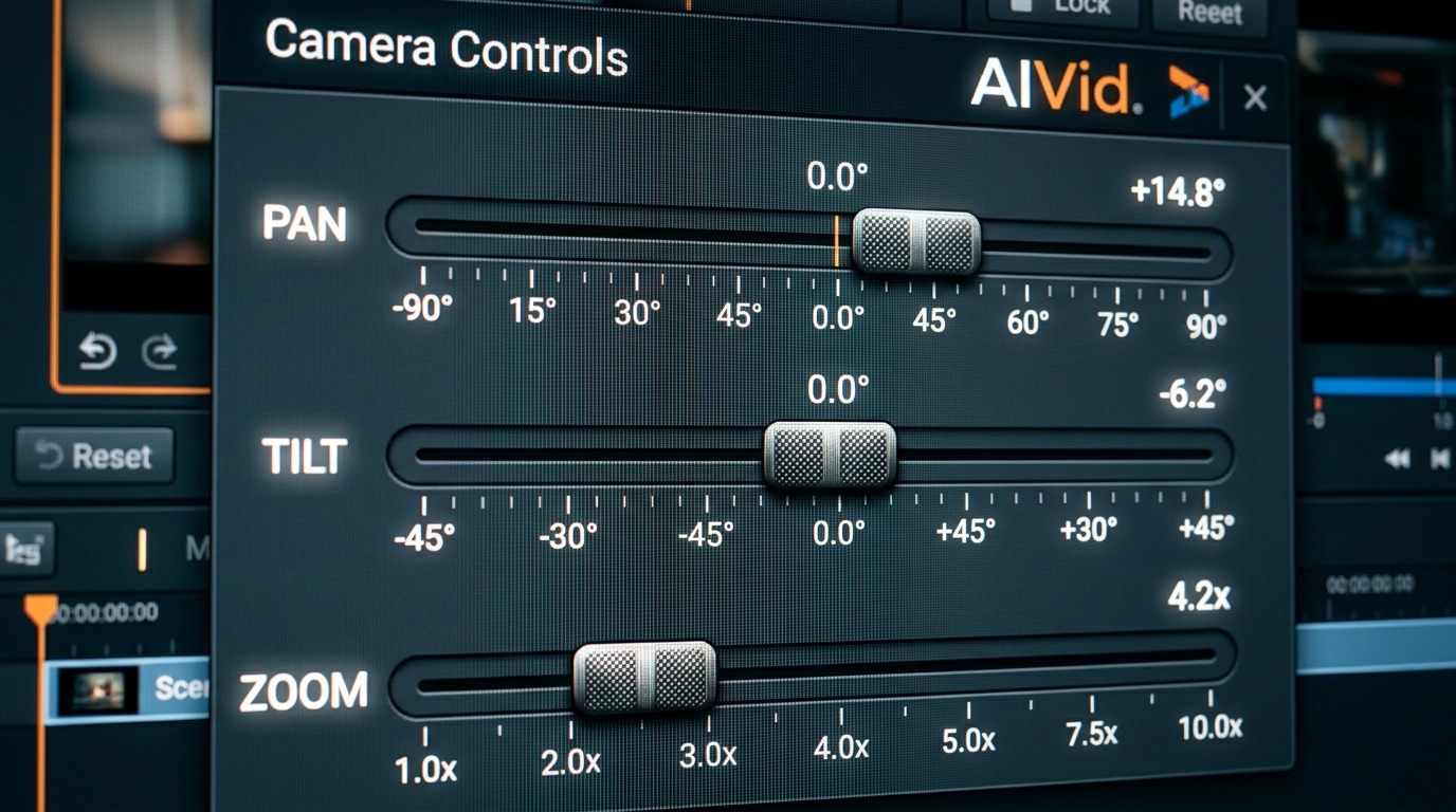 UI screenshot of AIVid camera control sliders for pan, tilt, and zoom. Rationale: Providing a direct UI screenshot between the workflow steps proves the tool's ease of use and grounds the theoretical camera moves in a tangible interface.