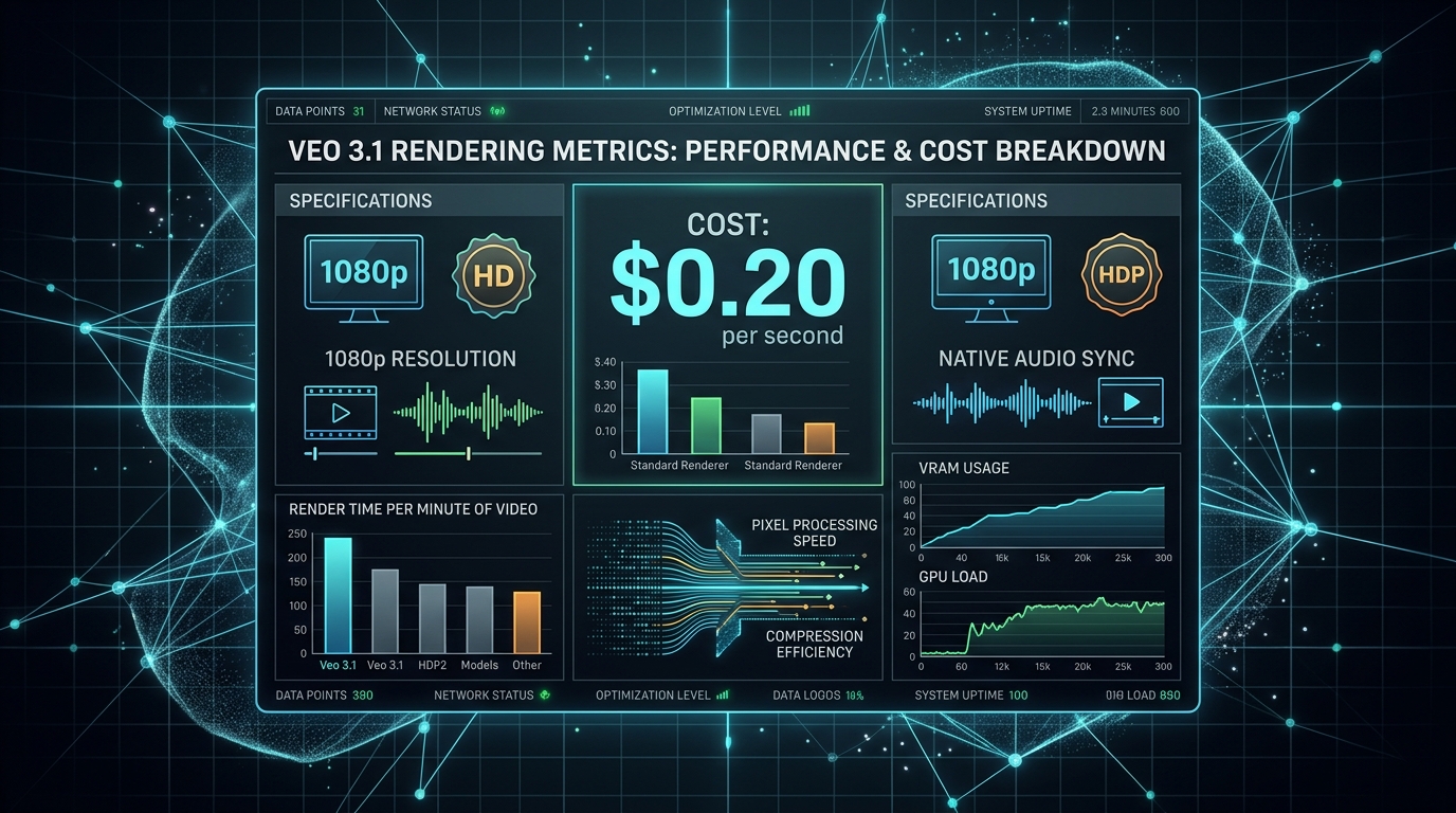 Data chart showing Google Veo 3.1 rendering metrics, resolution, and cost per second