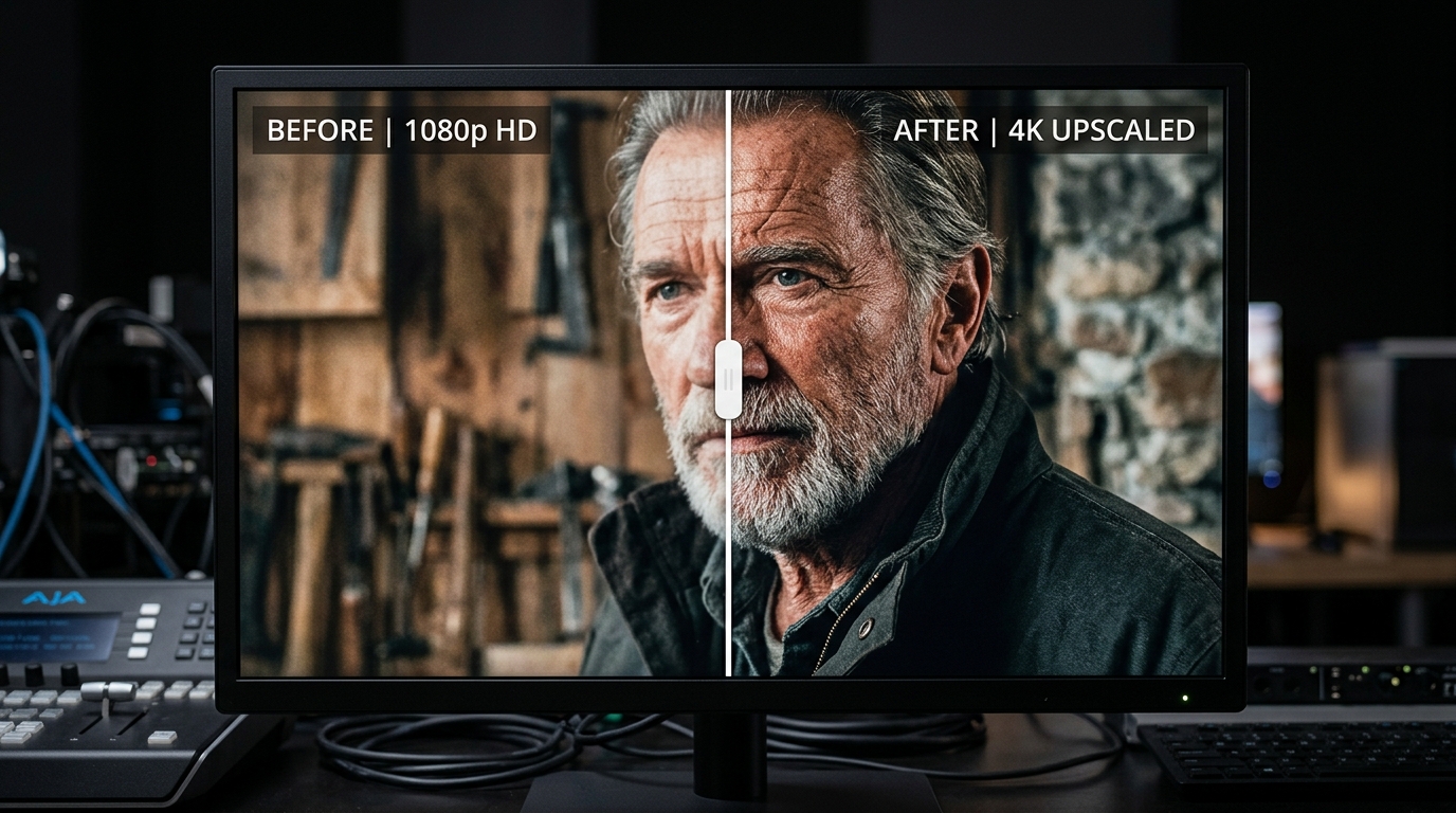 Split screen comparing native 1080p resolution to AIVid 4K upscaled footage. Rationale: A crisp before/after upscaling comparison acts as a powerful final visual hook that naturally drives readers toward the AIVid. 4K utility CTA.
