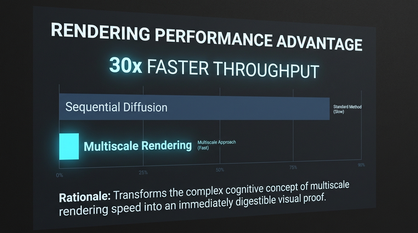 Minimalist bar graph comparing the slow processing speed of sequential diffusion against the fast multiscale rendering of LTX-2.3.