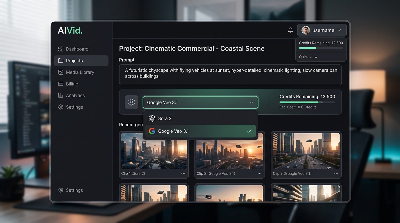 UI screenshot of the AIVid platform demonstrating a seamless 3-step hybrid workflow using a unified credit pool.
