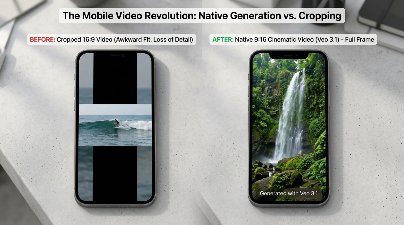 Before and after comparison of cropped 16:9 video versus native 9:16 Google Veo 3.1 vertical video