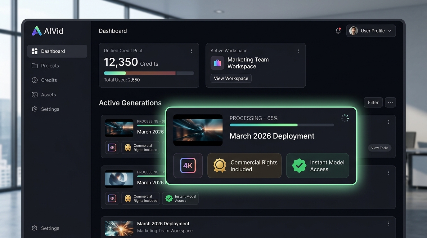 AIVid dashboard displaying the unified credit system and instant access to 4K commercial-rights video generation.