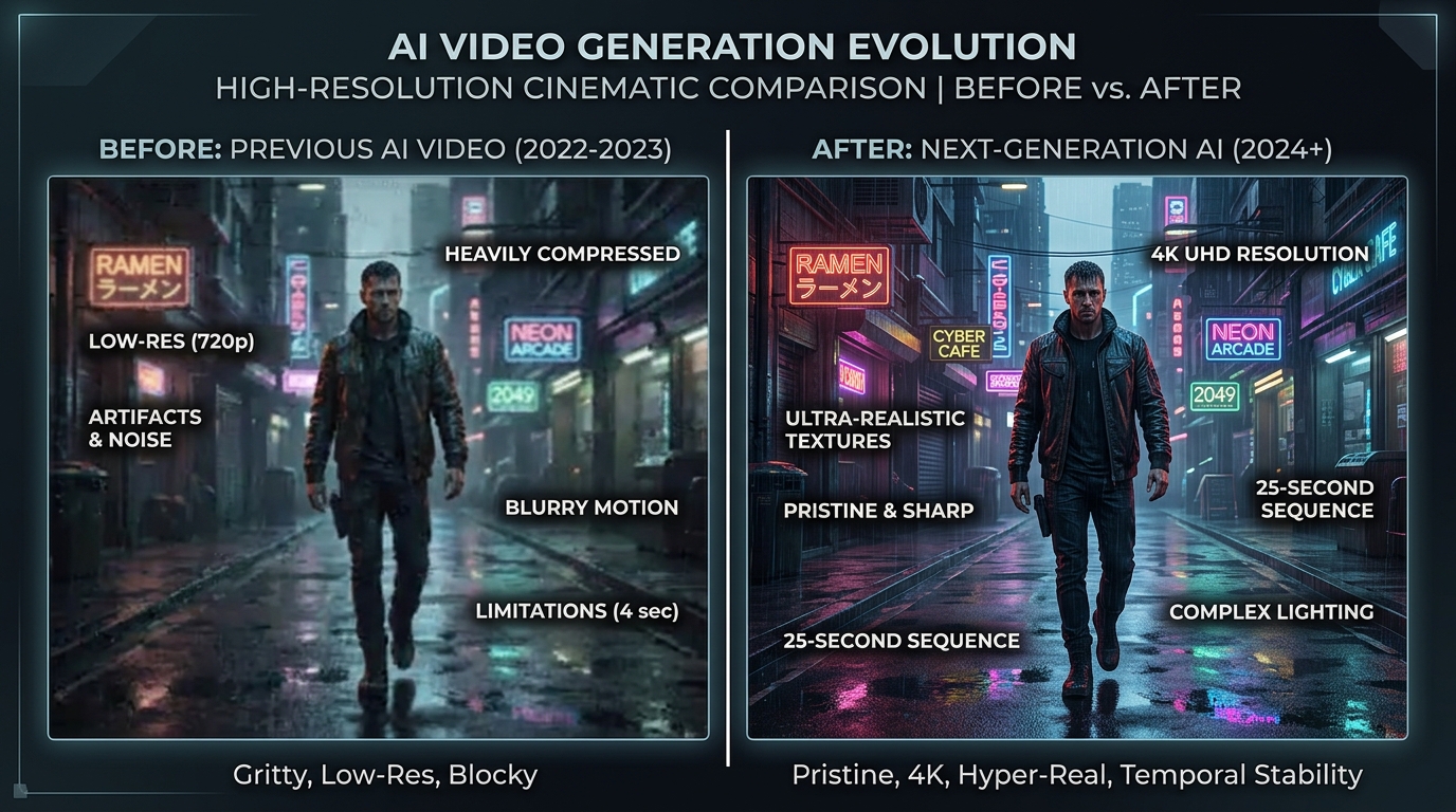 Before and After comparison showing the leap to 4K cinematic fidelity and extended generation length in the new AI video model architecture.