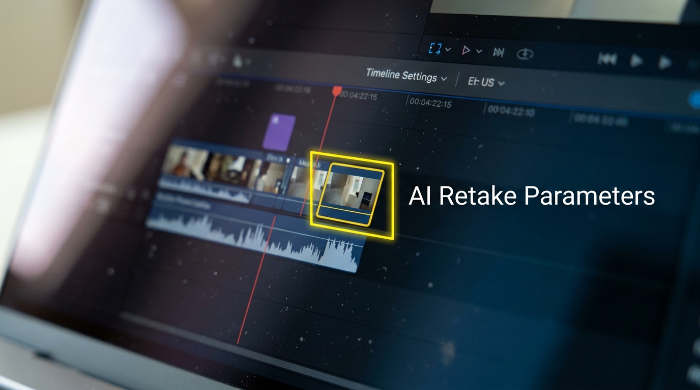 Macro view of a dark-mode video editing software timeline highlighting a specific frame selection for an AI retake.