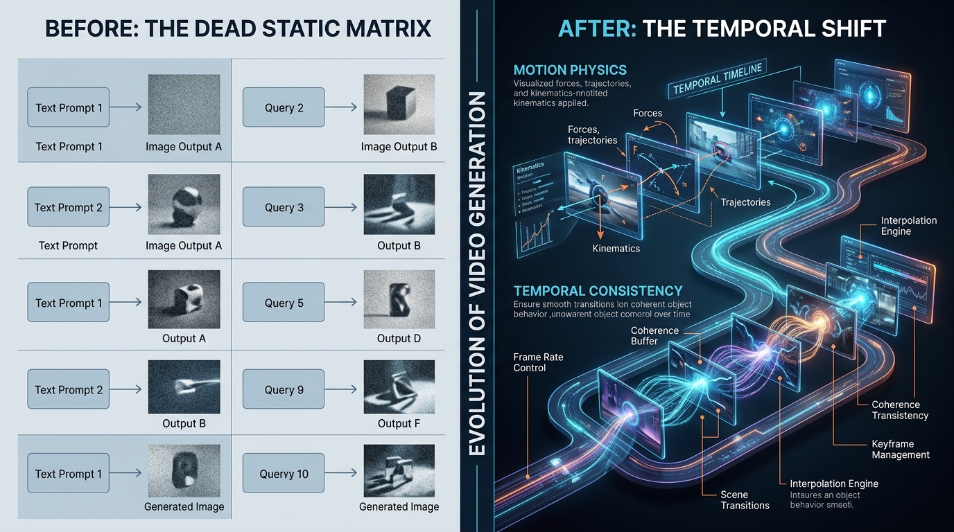 Split screen comparison showing the dimensional shift from static image prompting to temporal video prompting