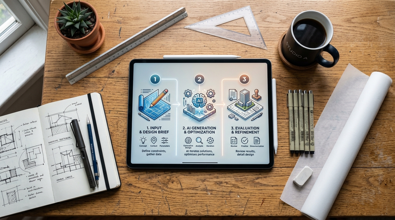 Top-down view of a tablet displaying the three-step creation flow for rapid visual exploration.