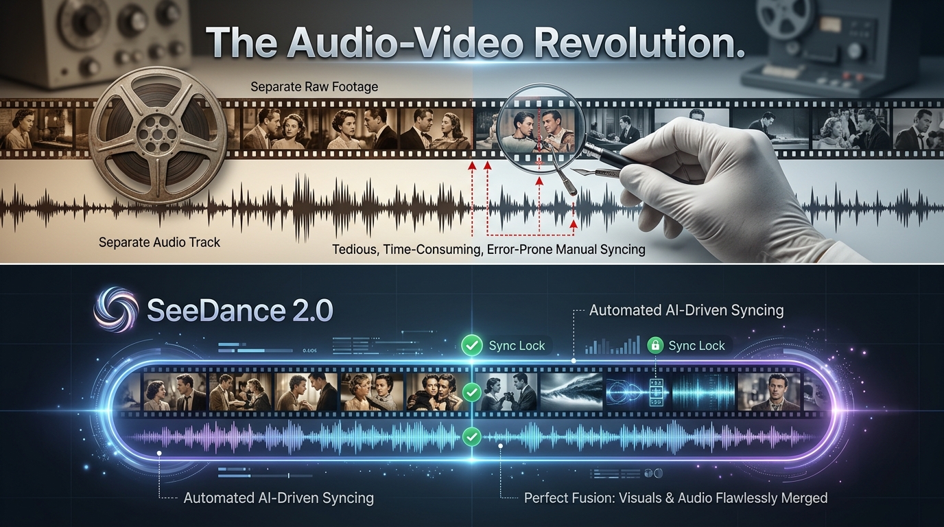 Workflow diagram comparing traditional video and audio layering to SeeDance 2.0 native synchronization
