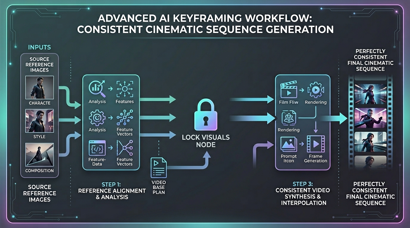 Workflow diagram detailing the 3-step advanced keyframing mechanics using multiple references for absolute frame control.