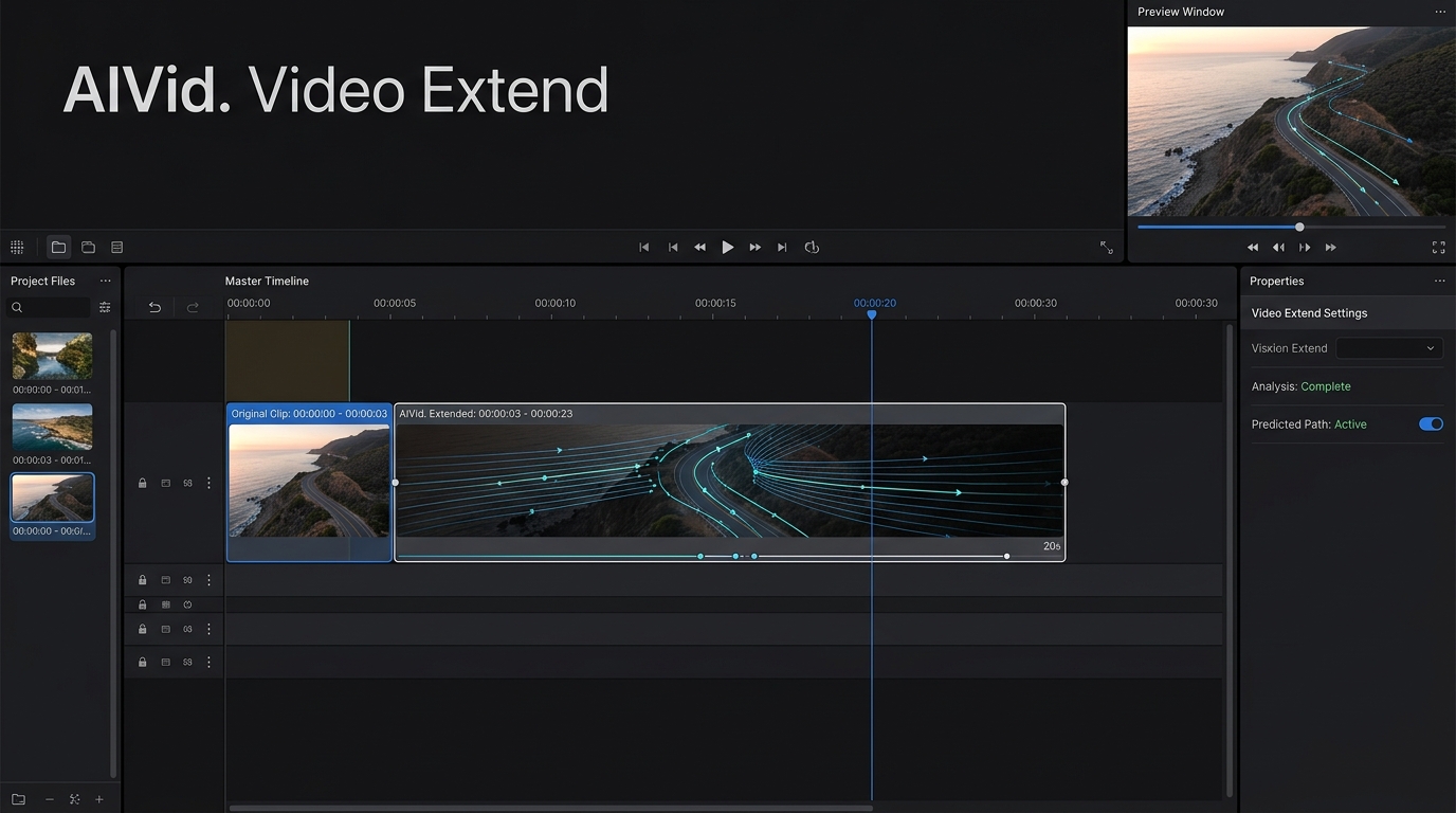 The AIVid dashboard interface showing a short video clip being automatically extended on a visual timeline using motion tracking lines.