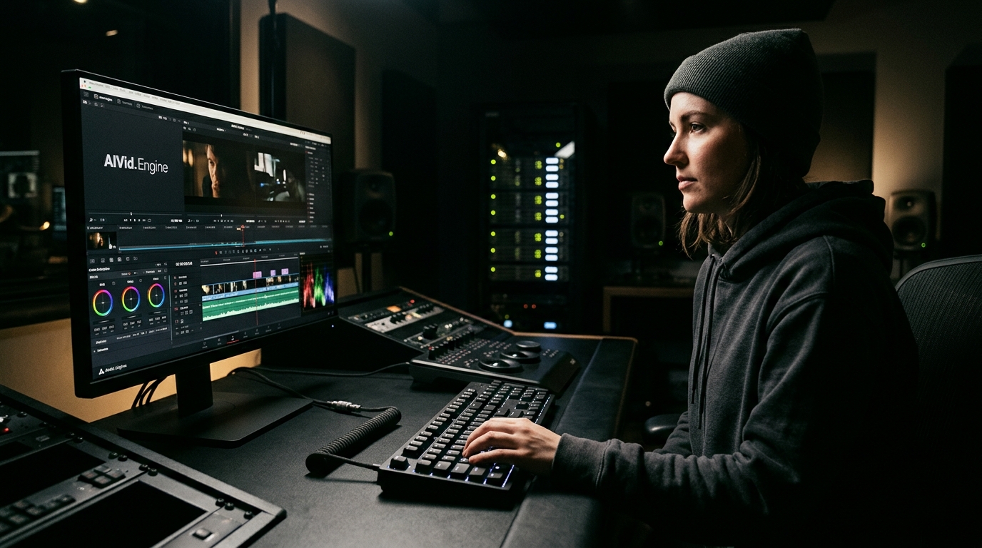 A professional creator working in a dark, cinematic studio using the AIVid centralized AI video generation platform.