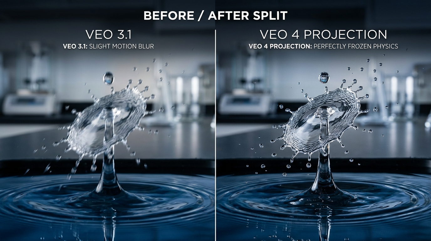 Before and after split screen comparing Veo 3.1 motion blur to projected Veo 4 physics accuracy.