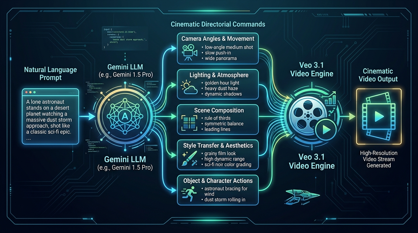 Workflow diagram of Gemini LLM processing prompts for Google Veo 3.1 autonomous director
