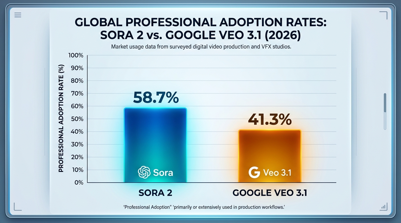 Data chart comparing market usage of Sora 2 and Google Veo 3.1 among professional creators in 2026.