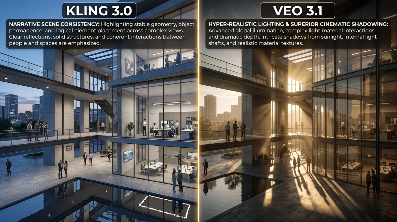 Side-by-side visual comparison of Kling 3.0 multi-shot consistency versus Google Veo 3.1 cinematic realism