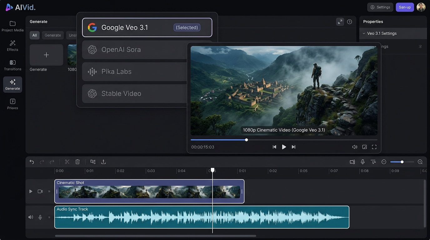 AIVid dashboard showing Google Veo 3.1 cinematic video and native audio interface