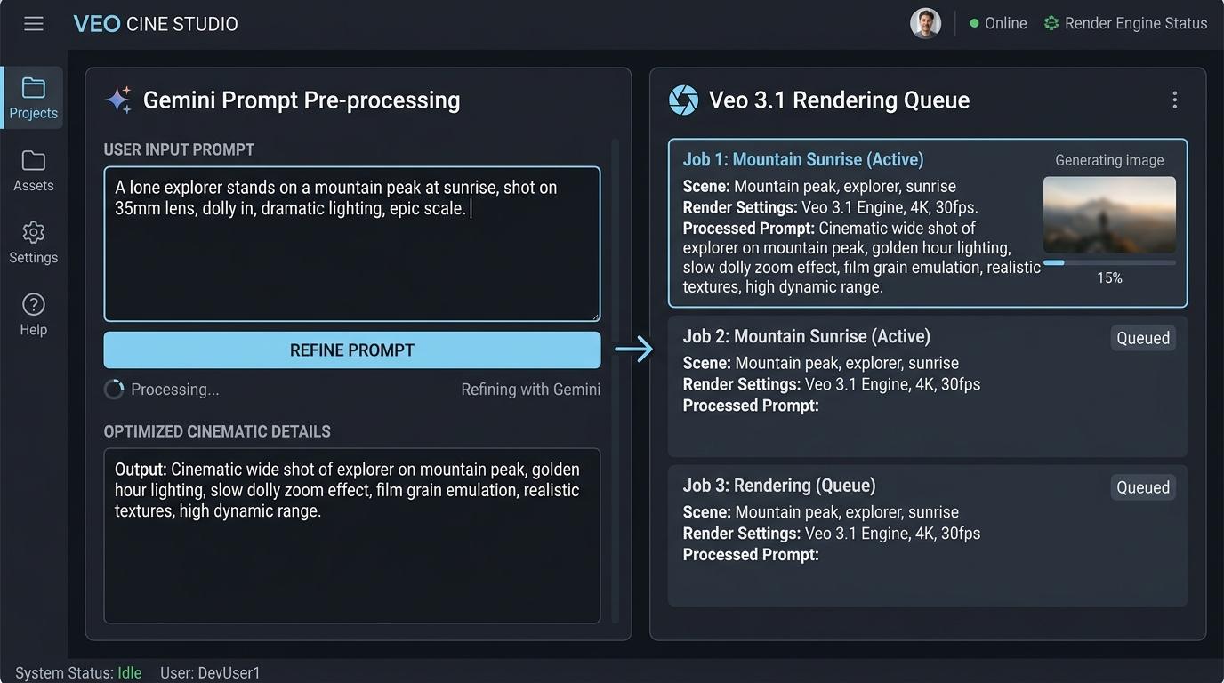 UI screenshot demonstrating the 3-step cinematic workflow using Gemini to prompt Google Veo 3.1