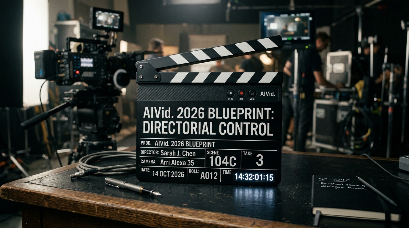 High-tech director clapperboard representing predictable AI video generation
