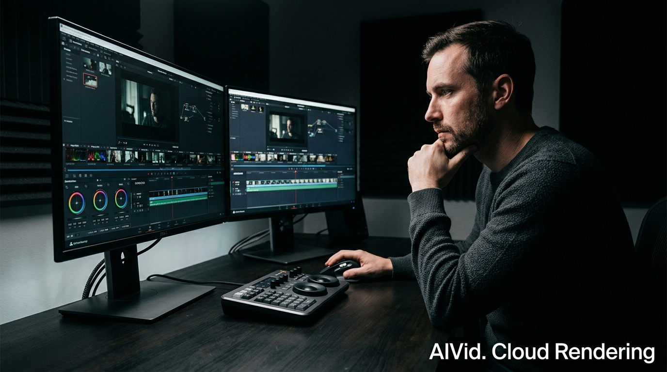 A professional video editor working in a dark, modern studio setting highlighting a clean dual-monitor workspace.