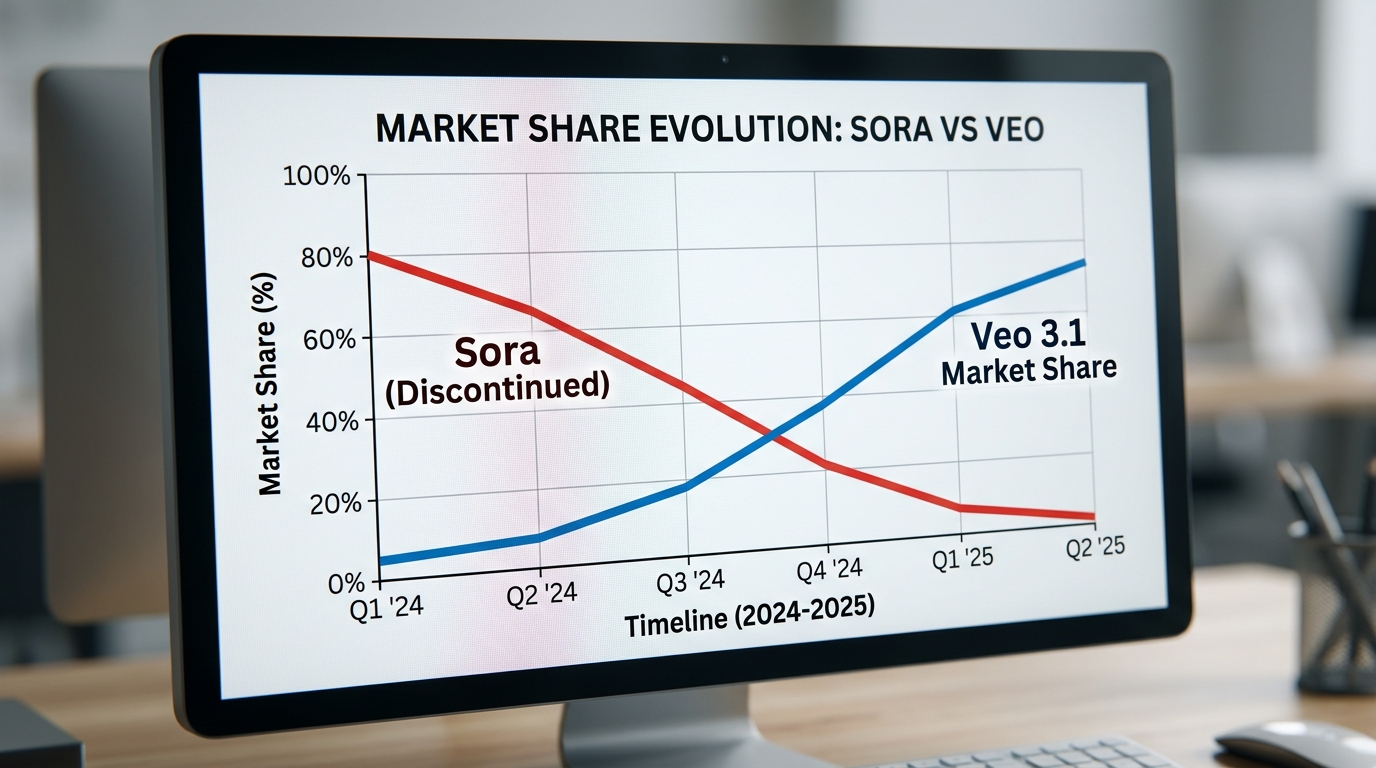 Line graph showing the market shift from Sora to Veo 3.1 in early 2026.