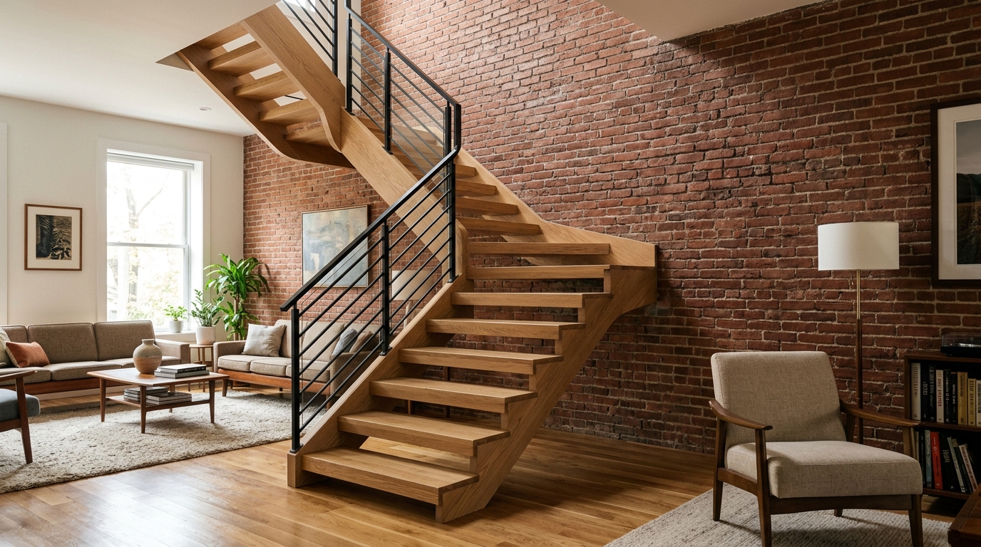 Photorealistic living room showing a spatial logic failure where a staircase merges into a solid wall.
