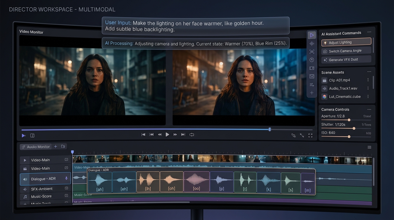 UI Screenshot demonstrating instruction-based video editing and native ambient audio synchronization.