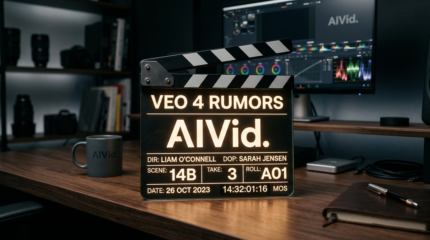 Cinematic clapperboard showing Veo 4 and AIVid typography.
