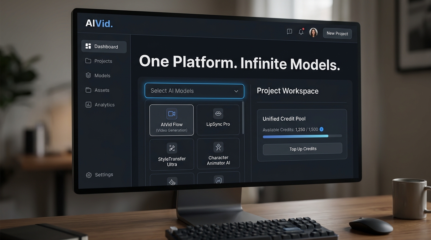 AIVid unified dashboard interface showing access to various AI video models