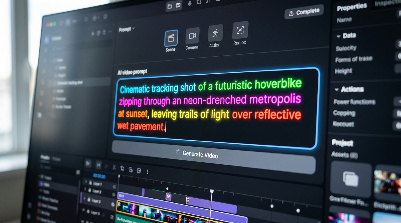 UI screenshot displaying a 6-part color-coded cinematic prompt formula for AI video