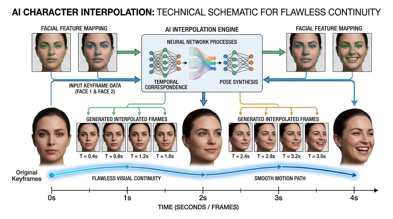 Workflow diagram demonstrating how Google Veo 3.1 utilizes keyframe interpolation to maintain perfect character continuity.