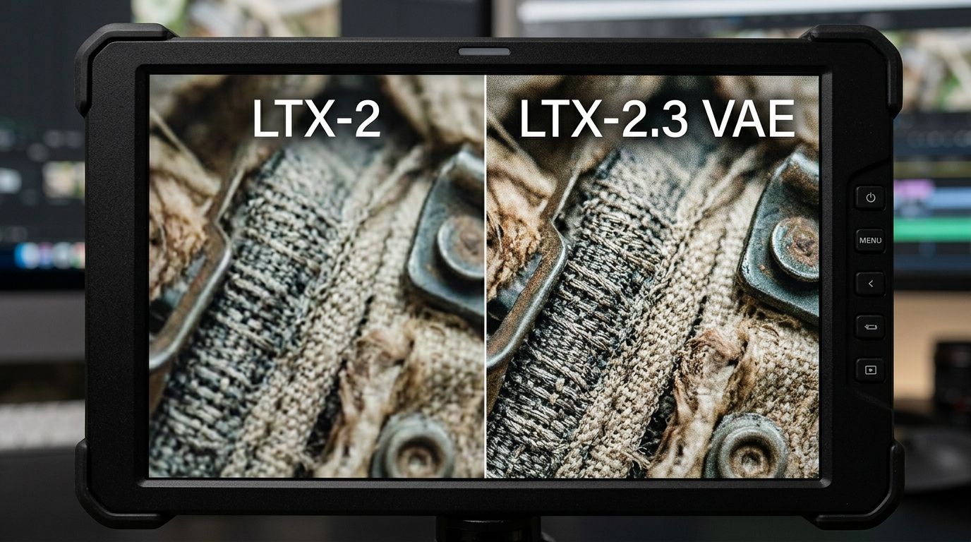 Side-by-side split screen monitor comparison showing blurry AI video quality versus crisp 4K LTX-2.3 video textures.