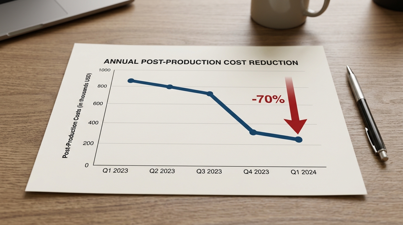 Data chart showing a 70 percent reduction in post-production costs. Rationale: Anchoring the opening hook with a visual proof of the 70 percent cost reduction immediately validates the bold claim and retains analytical readers.