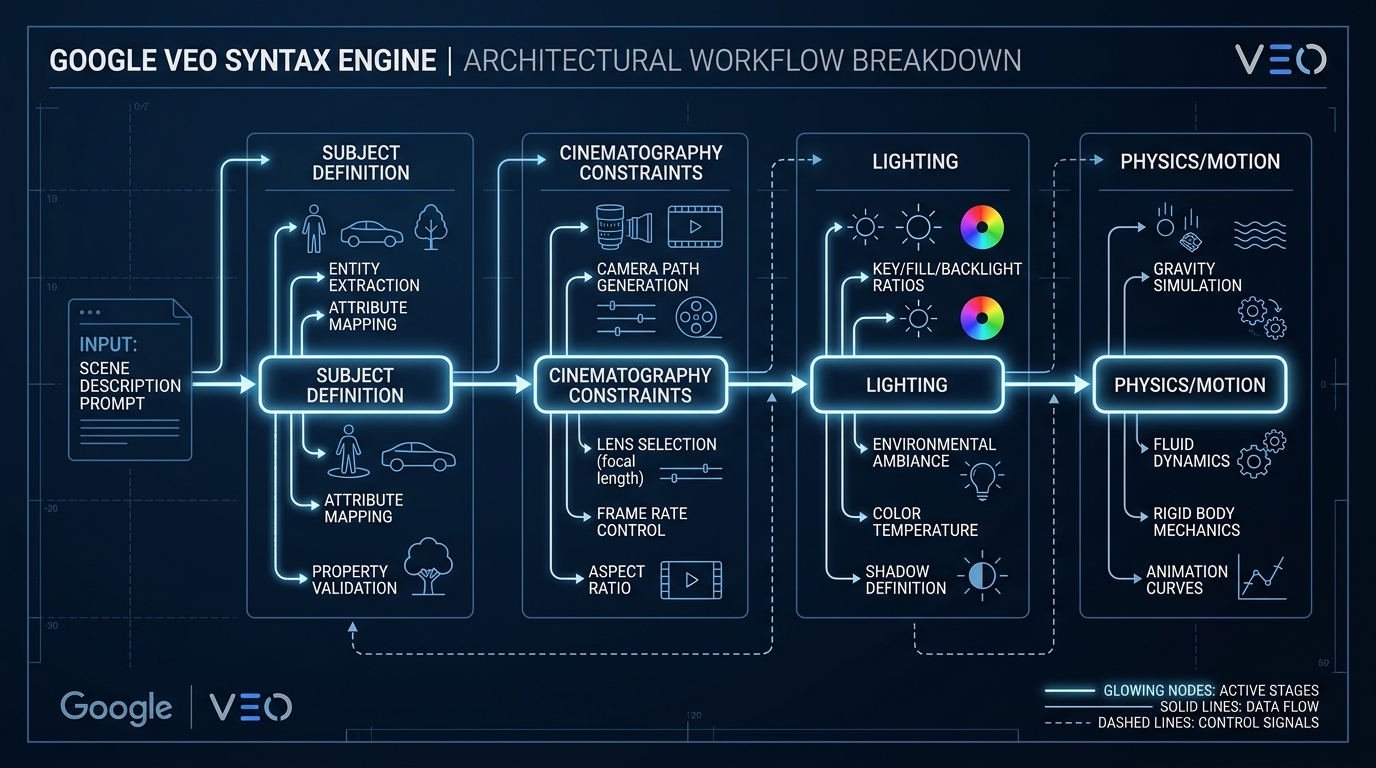 Workflow diagram illustrating the exact prompt syntax variables required for Google VEO models