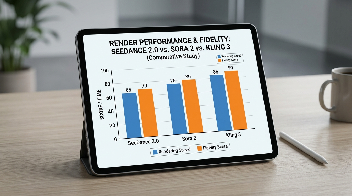 Data chart comparing rendering performance of SeeDance 2.0, Sora 2, and Kling 3. Rationale: A chart here distills complex benchmark comparisons into an instantly readable format, satisfying data-driven marketing professionals.