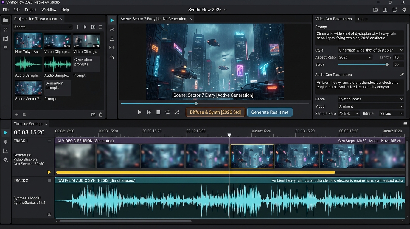 UI screenshot displaying native AI audio synthesis integrated directly into a diffusion model timeline.
