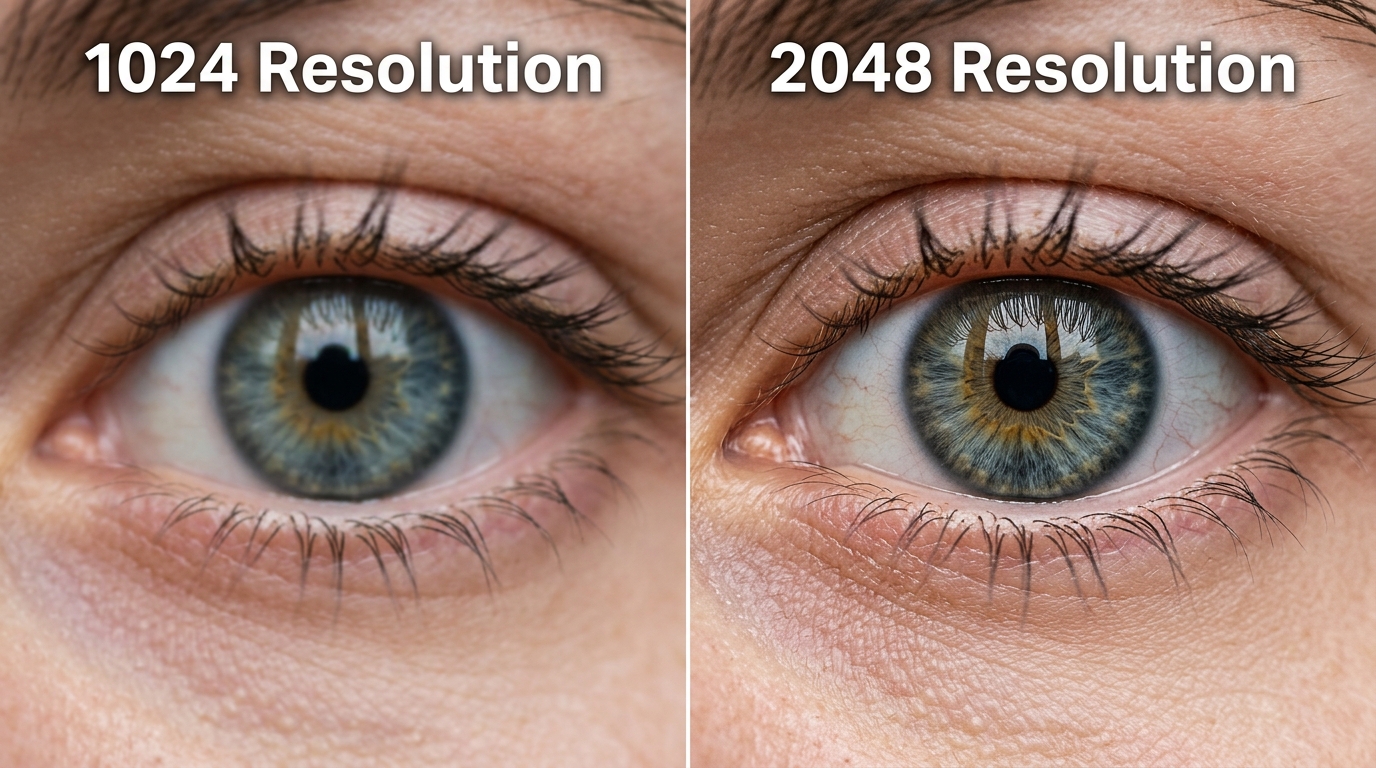 Split-screen comparison of 1024 resolution versus Midjourney v8 native 2K resolution.