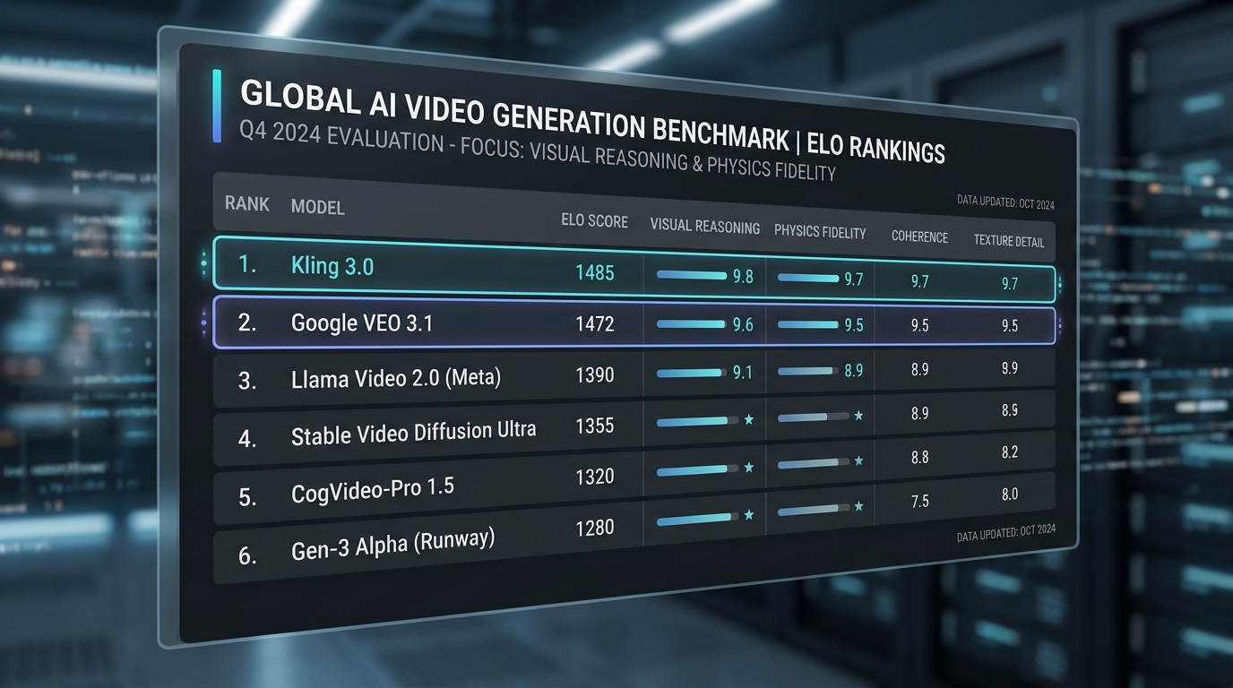 Verified 2026 AI benchmark leaderboard showing Kling 3.0 and Google VEO 3.1 as the actual top performers.