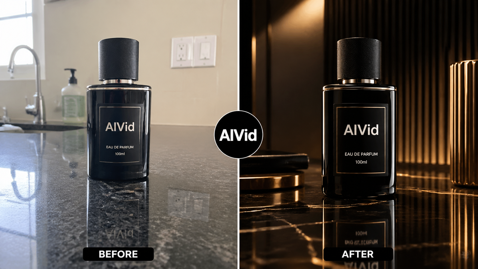 Split screen comparison of raw smartphone product photo versus AI product photography 4K ray-traced studio asset. [Before/After Split] A split-screen comparison showing a raw, unedited smartphone photo of a perfume bottle on a kitchen counter (left) versus a high-end, 4K ray-traced commercial render of the same bottle in a luxury studio setting (right). Cinematic lighting, sharp focus. Typography Label: AIVid.