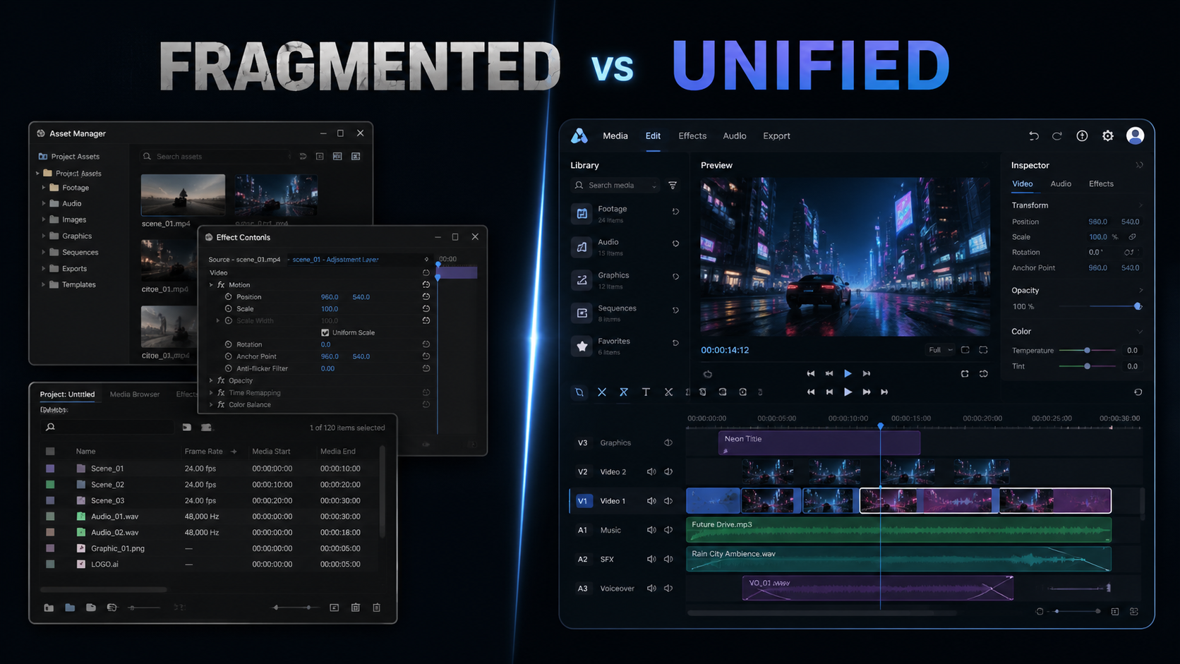 Split screen showing fragmented software compared to an all-in-one unified dashboard for the best AI tools for faceless YouTube channels. [Before/After Split] Split frame image showing three overlapping, messy software windows on the left, contrasted with a single, highly streamlined unified timeline interface on the right. Dark futuristic UI. Typography Label: "Fragmented vs Unified"