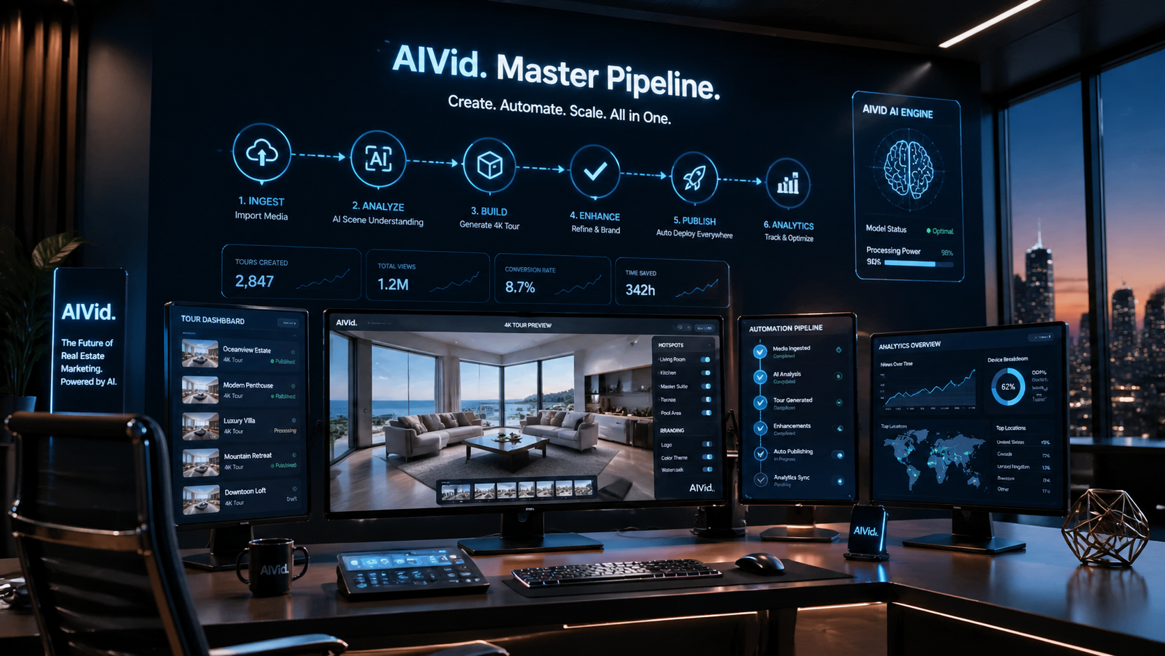 A professional workstation utilizing the AIVid. platform for end-to-end real estate pipeline automation and visual media generation. AIVid. brand watermark. Cinematic wide shot of a futuristic marketing workstation running the AIVid. platform, with multiple screens displaying 4K virtual tours and automated pipelines, chiaroscuro lighting, editorial style.