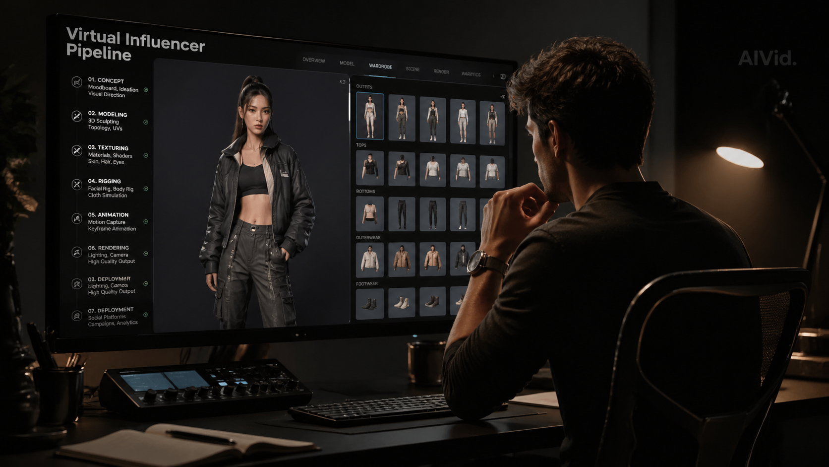 Alt Text: A digital creator at a dark workstation building virtual influencers and applying the midjourney cref tutorial wardrobe hack. Caption: Swapping wardrobes without losing facial identity is the core of virtual modeling. Long Description: Editorial photography of a professional marketing workspace in a moody, low-light setting. A creator is analyzing high-resolution digital influencer outfits on a glowing monitor, demonstrating how to use AI for midjourney character creation in fashion. T