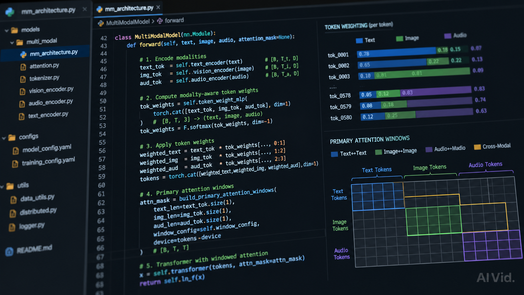 A close-up of a software interface showing token weighting syntax used for archetype anchoring and face consistency AI. A 16:9 tight macro shot of a code editor interface showing multi-modal architecture token weighting and primary attention windows. Crisp monospace typography, dark mode theme with syntax highlighting, viewed through a slightly angled camera lens with depth of field. Subtle 'AIVid.' watermark.