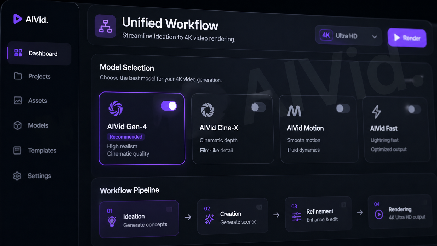 Close-up of a generative video UI dashboard representing an enterprise-grade youtube automation ai platform. [UI/UX Technical Shot] Macro close-up of a sleek generative AI platform dashboard featuring smooth model selection toggles for 4K video rendering. Dark mode interface with a subtle, transparent AIVid. watermark. Typography Label: "Unified Workflow"