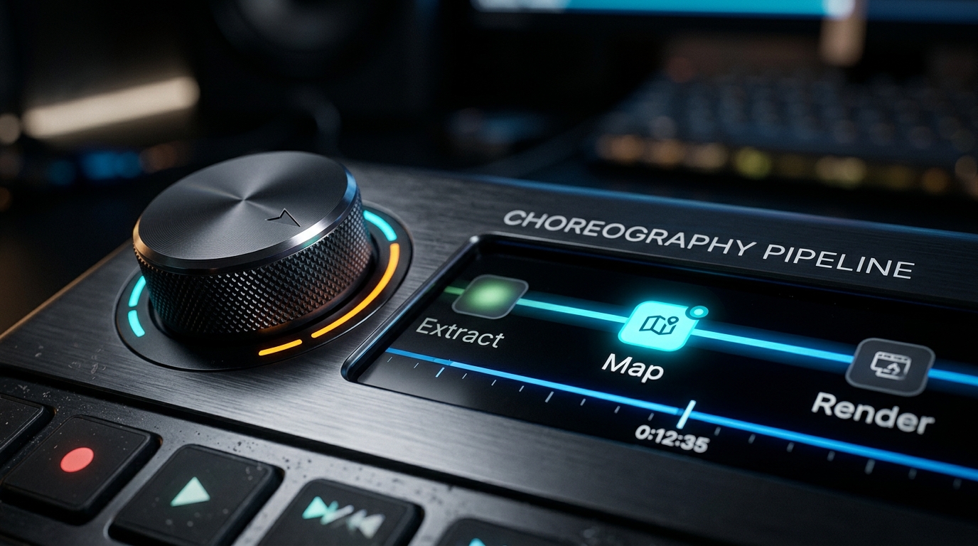 Macro shot of a video editing timeline interface showing a 3-step AI choreography pipeline.
